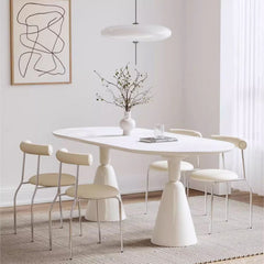 Minimalistic Oval Wooden Dining Table - Sintered Stone Top & Double Pedestals jh-078