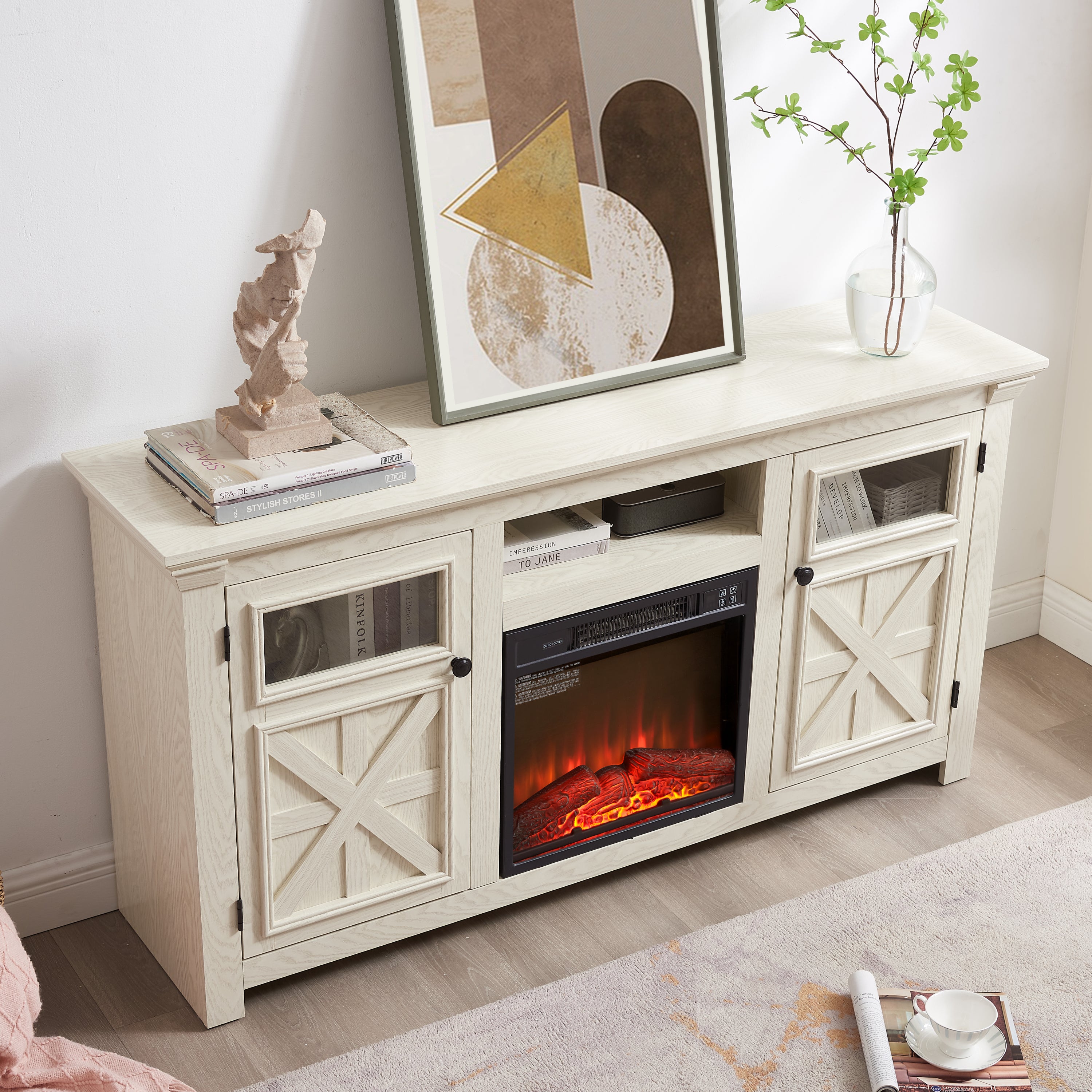 Farmhouse TV Stand with 2 Doors, Barn Design, Large Media Console with 18" Electric Fireplace Insert, WHITE