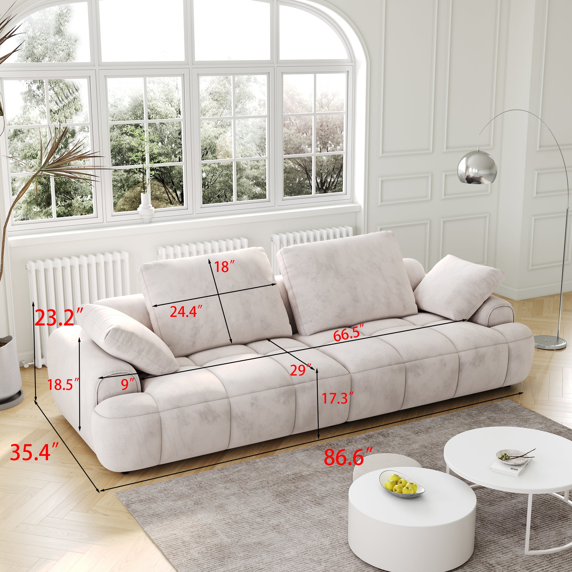 86.6″ Large size two Seat Sofa,Modern Upholstered,Light gray suede fabric