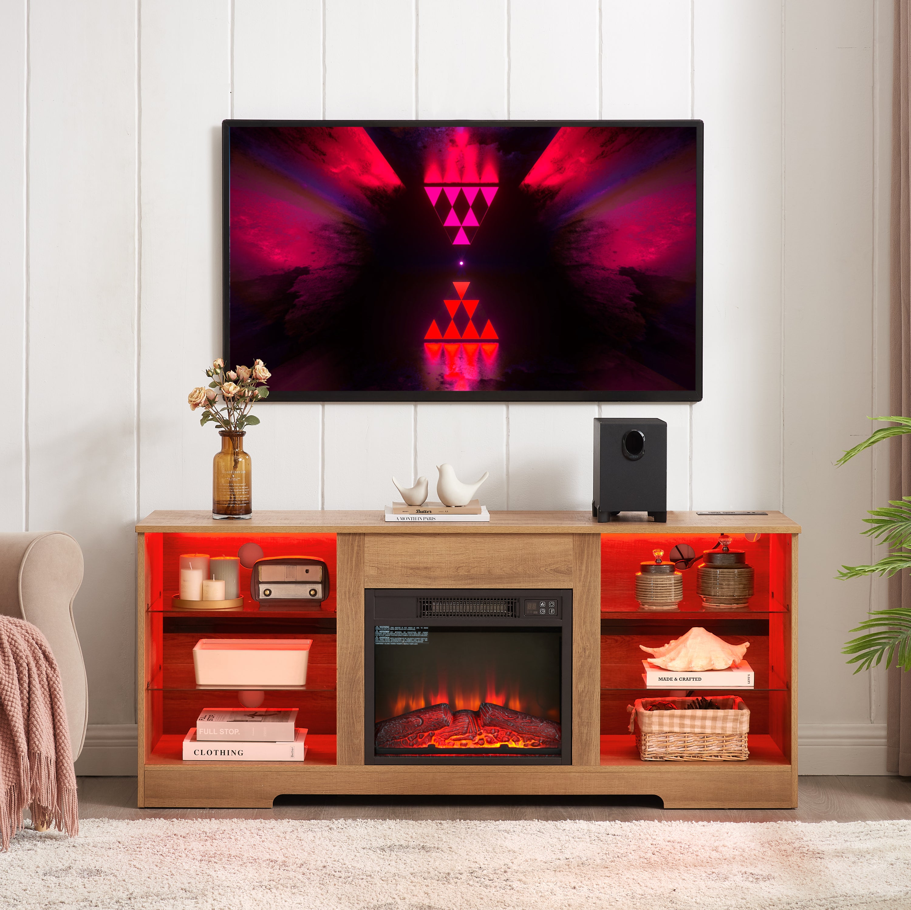 Electric Fireplace TV Stand with Glass Shelves, LED Lights, USB Charging Outlet, Fits TVs up to 62", Natural