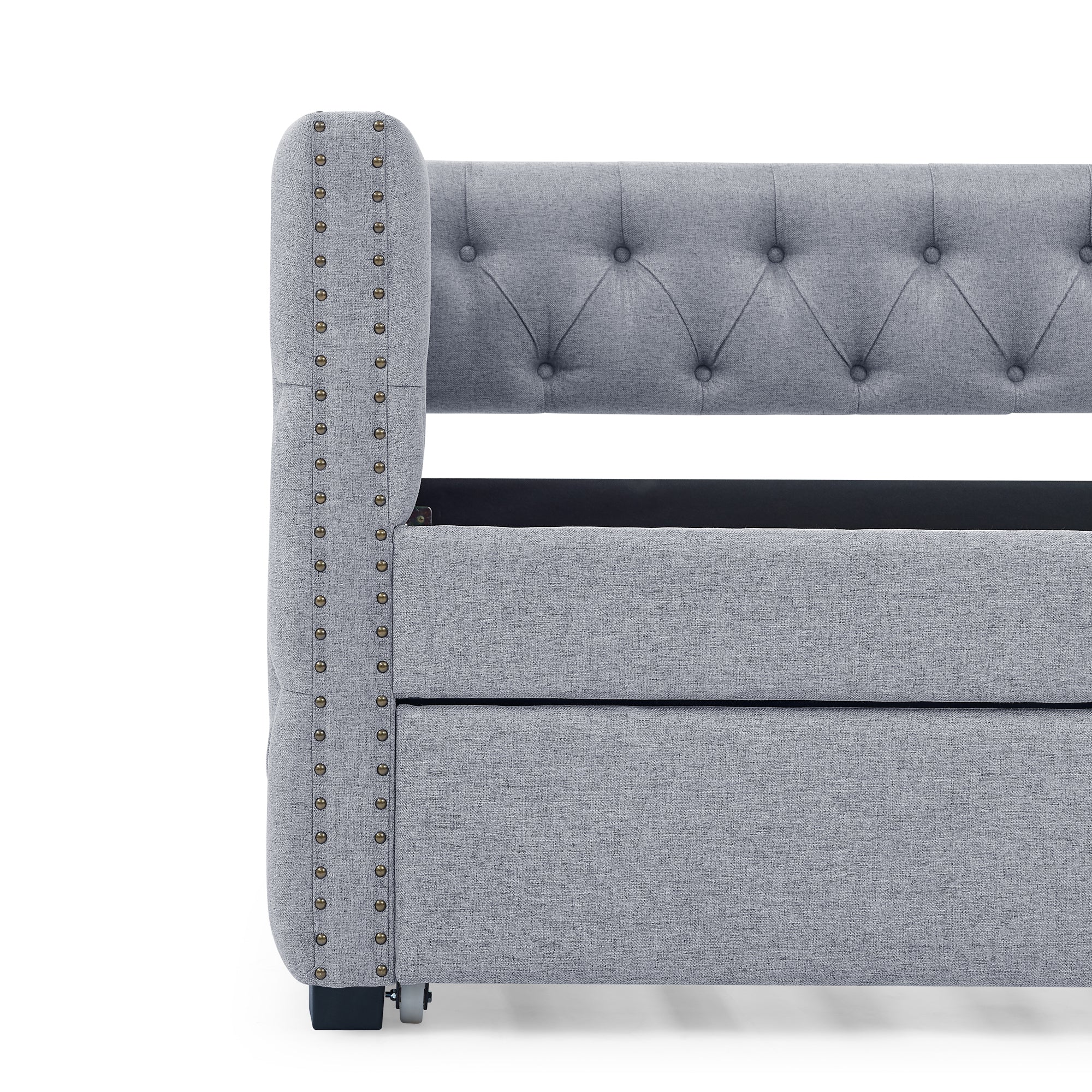 Daybed with Trundle Upholstered Tufted Sofa Bed, with Button and Copper Nail on Square Arms,both Twin Size,Grey(85"x42.5"x31.5")(Old SKU W487S00045)