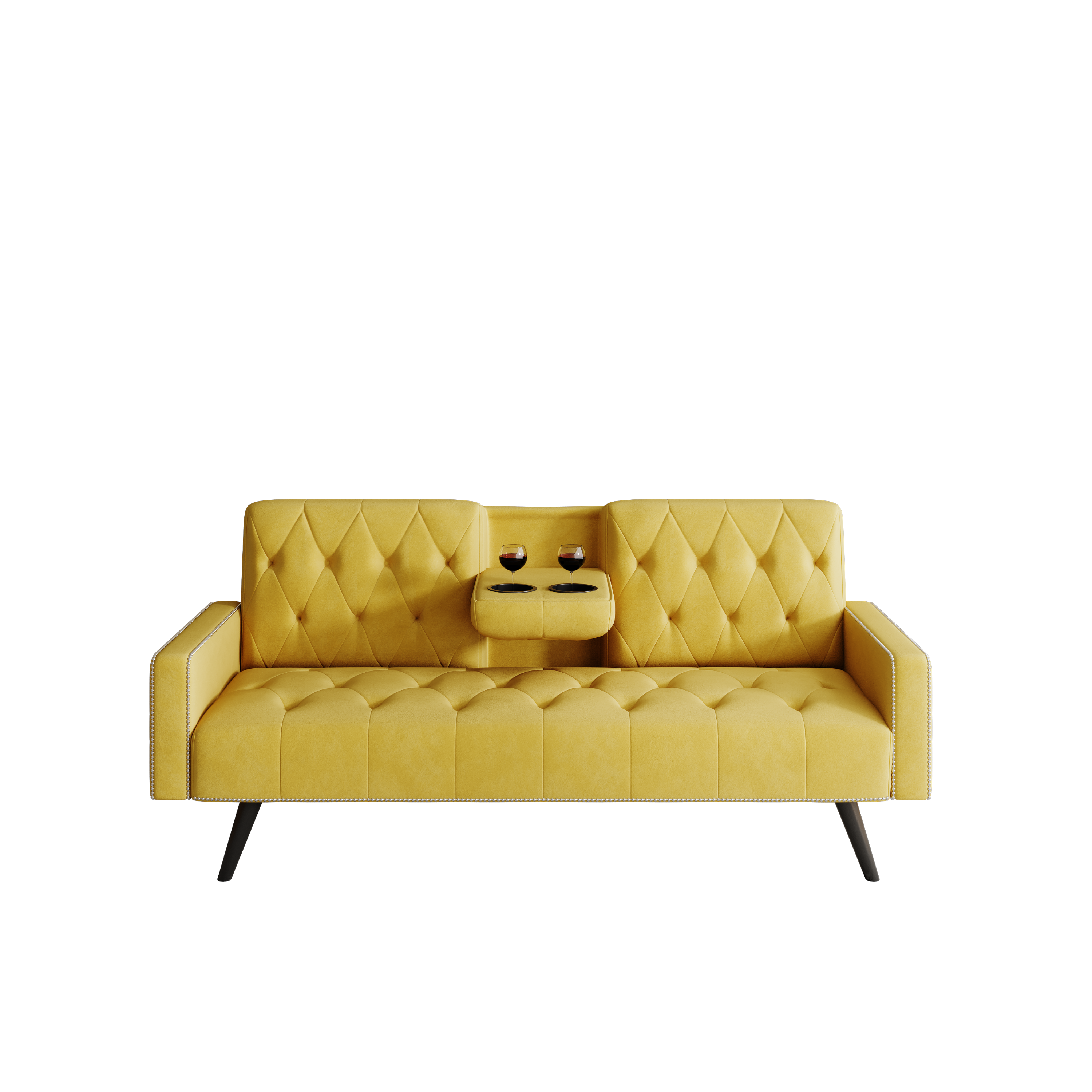 72" Yellow Velvet Sofa Bed with Nail Head Trim & Two Cup Holders Sleeper Sofa for Small Living Room