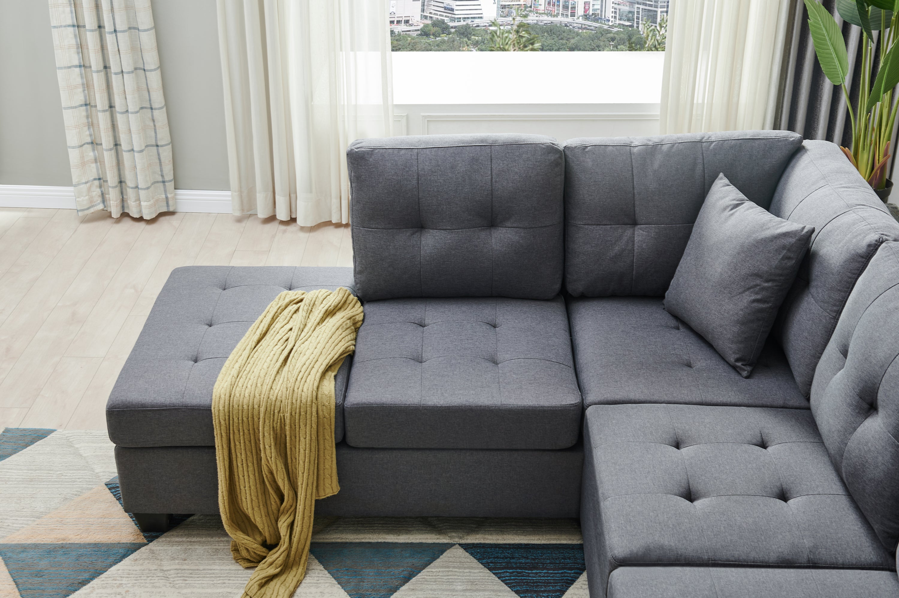 Sectional 3-Seaters Sofa , reversible recliner, storage mat and cup holder, Non-slip leg, two grey pillows, linen, grey