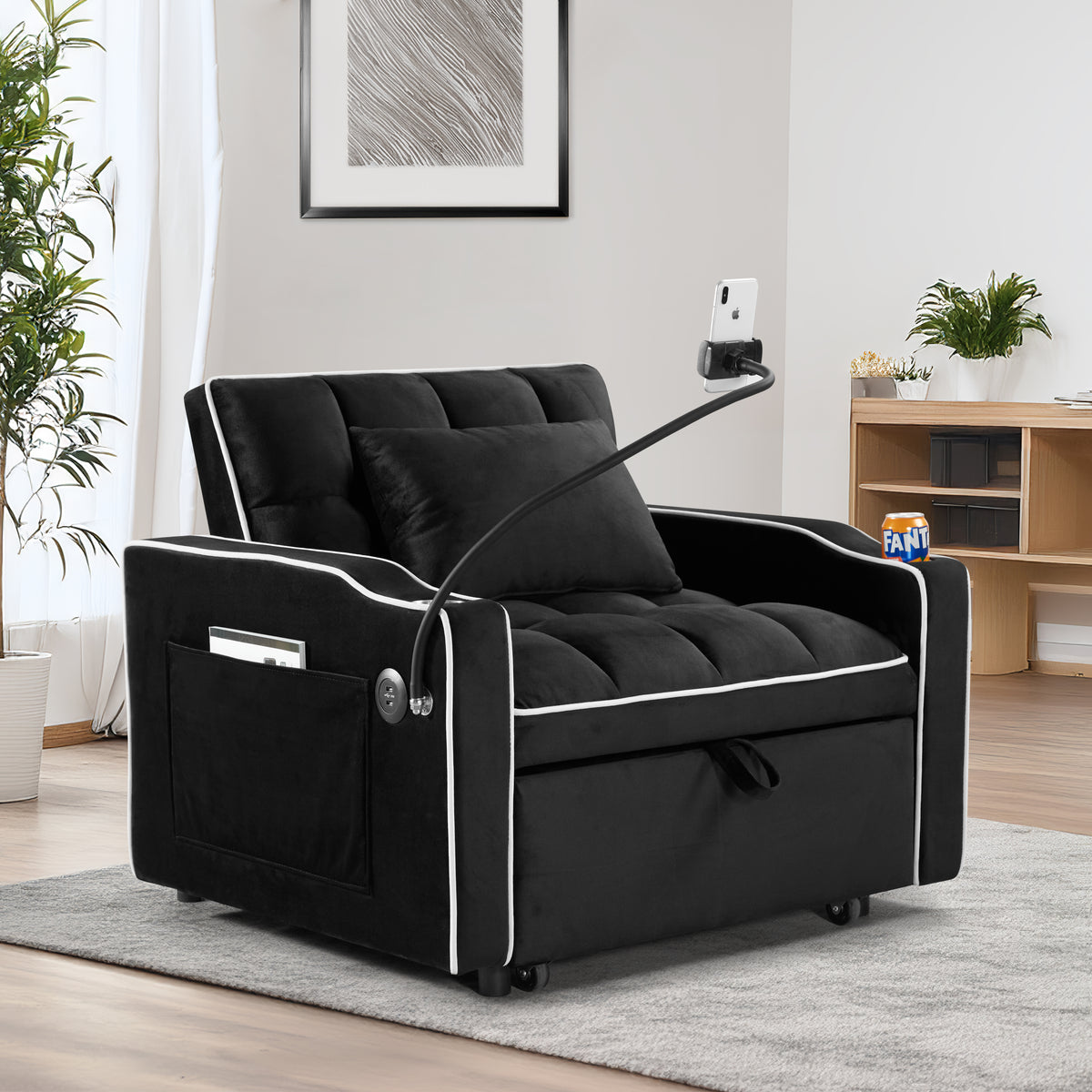 Convertible Chair Sofa Bed, Adjustable Pull-Out Design with Multi-Pockets for Living Room and Small Spaces, Black