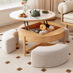 Modern Round Lift-Top Coffee Table Set with Storage & 3 Ottomans White & Solid Wood fjnl-1599