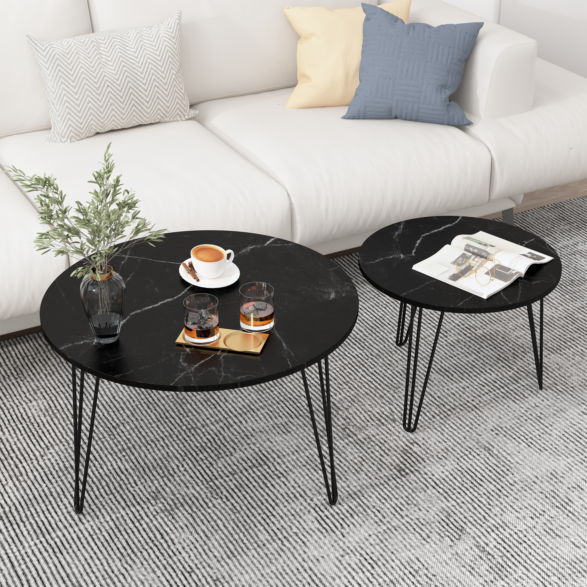 27.56'' Round Nesting Coffee Table Set of 2, Circular Nesting End Table Set, Round Marble Tabletop, and Sturdy Metal Base for Living Room, bedroom, Black