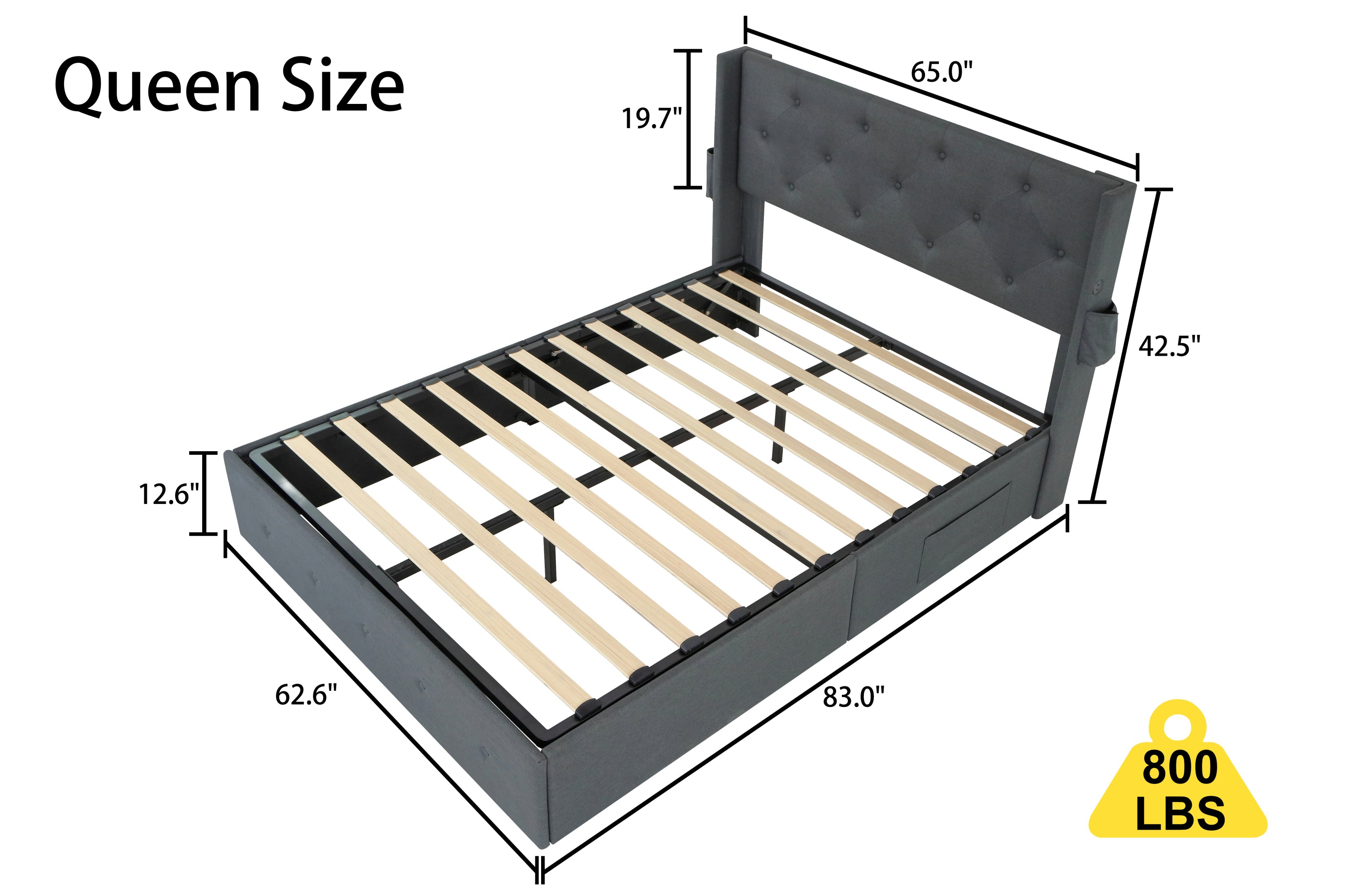 Queen Size Bed Frame with Storage - Lift Up Storage Bed with Modern Wingback Headboard, USB Ports