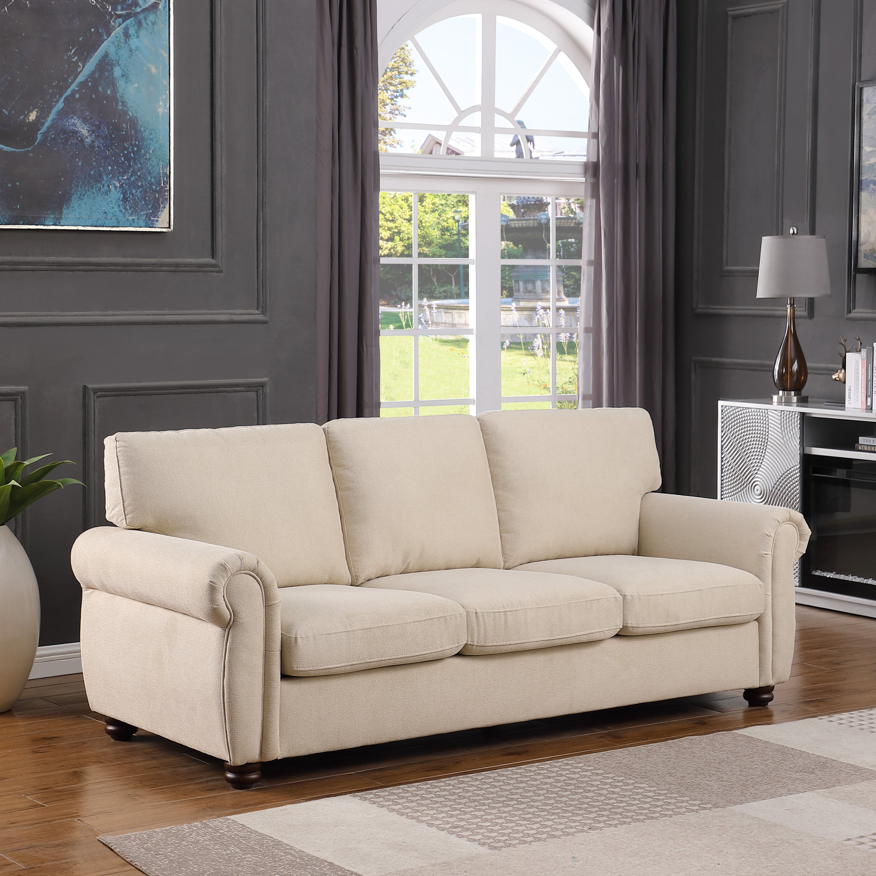 Beige Chenille 3-Seater Sofa