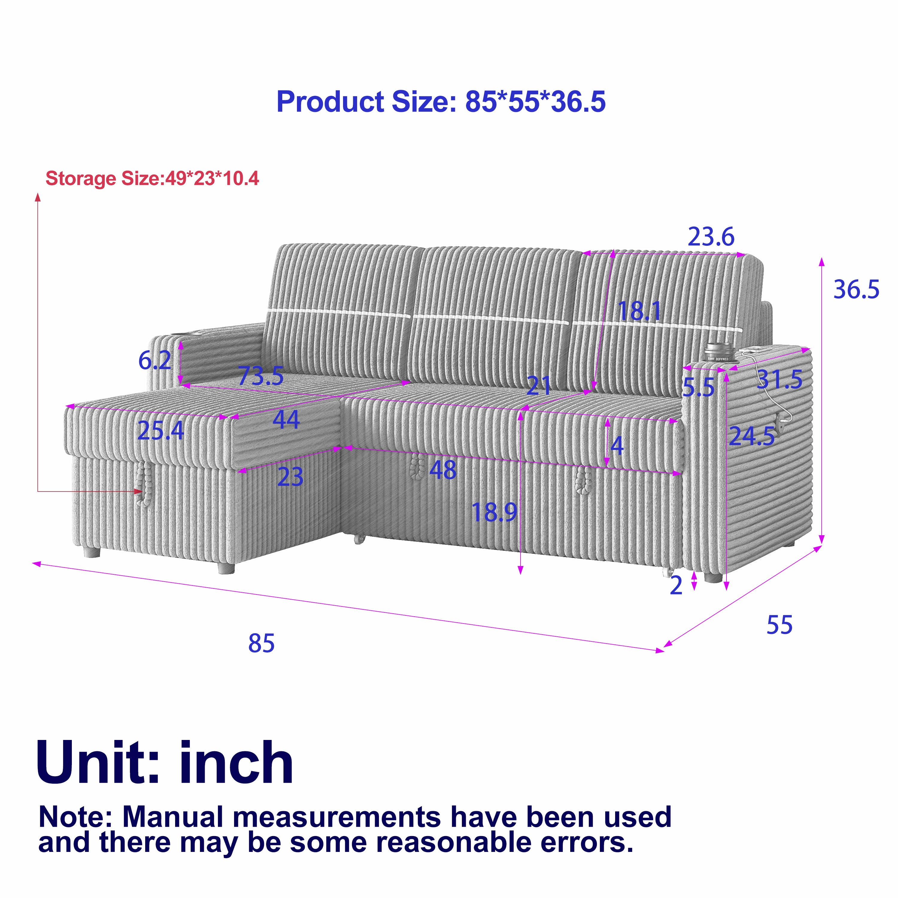 85 Inches Corduroy Sofa Bed, 3 Seater Sleeper Sofa with Storage Chaise, Square Handrail With Two Cup-holder And USB Charge Port, Pull Out Couch for Living Room