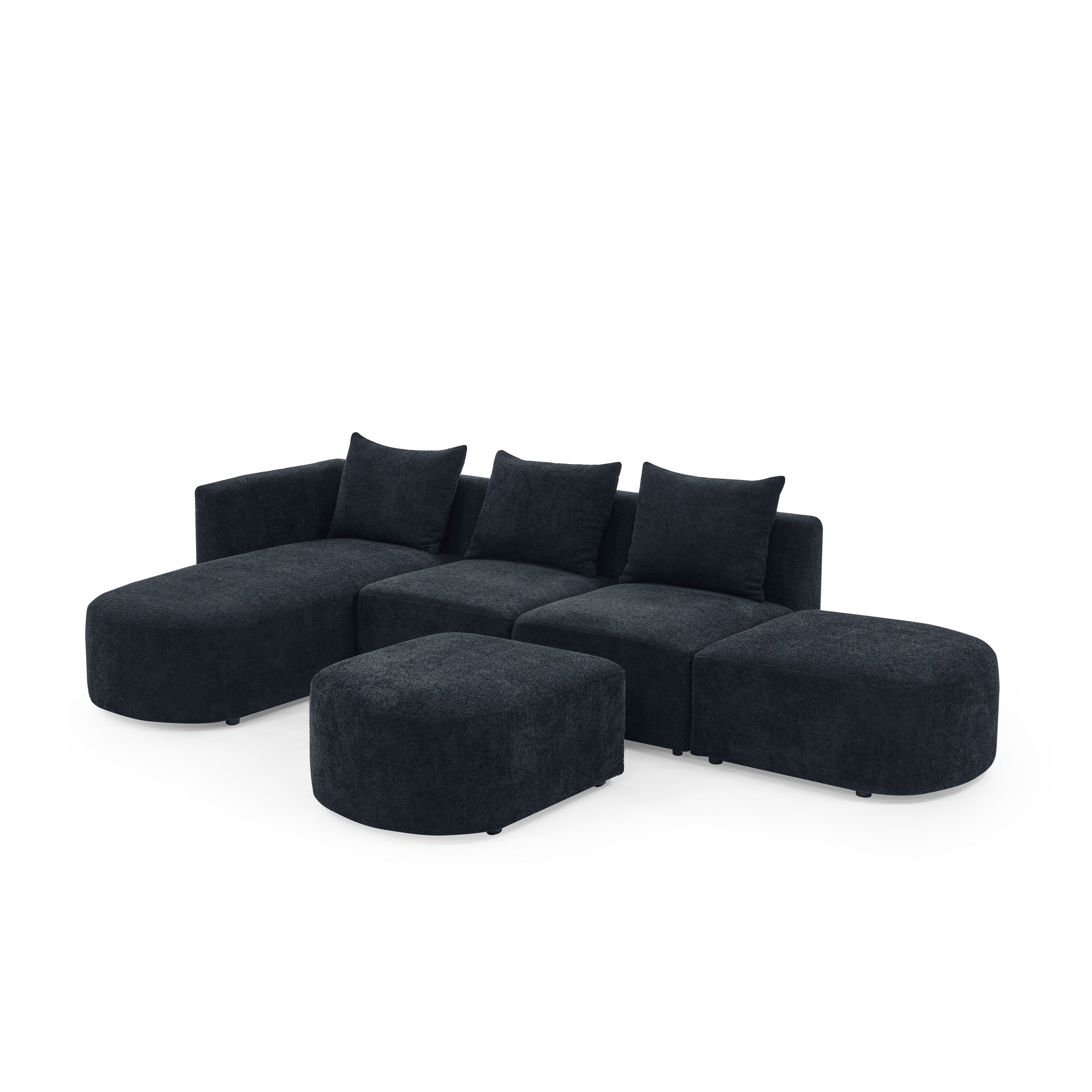 L Shape Sectional Sofa including Two Single Seats, Left Side Chaise and Two Ottomans, Modular Sofa, DIY Combination, Loop Yarn Fabric, Black