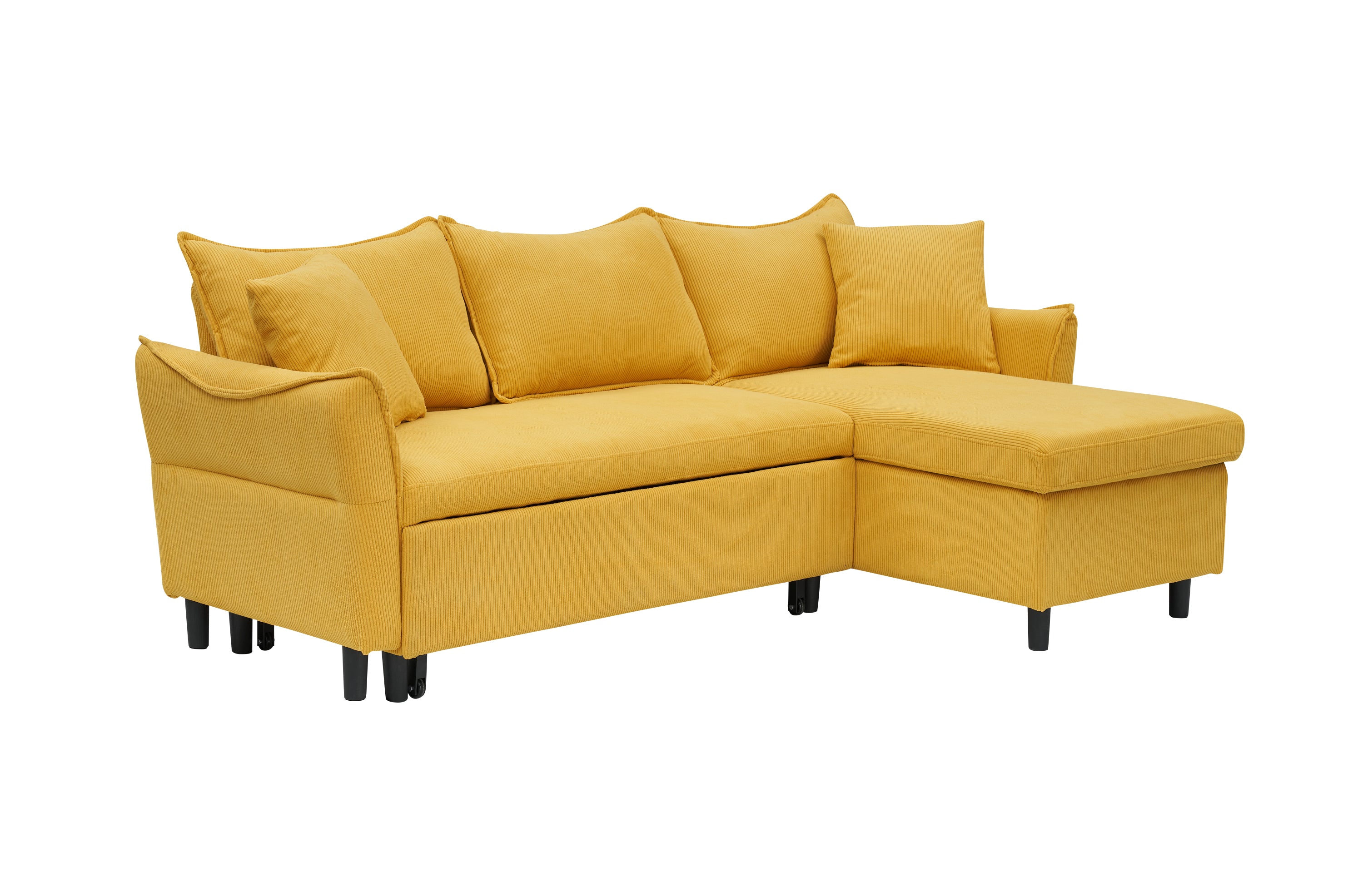 80" Yellow Corduroy L-Shaped Sofa Bed With Two Small Pillows - 3-Seater Sleeper Sofa With Storage For Living Room