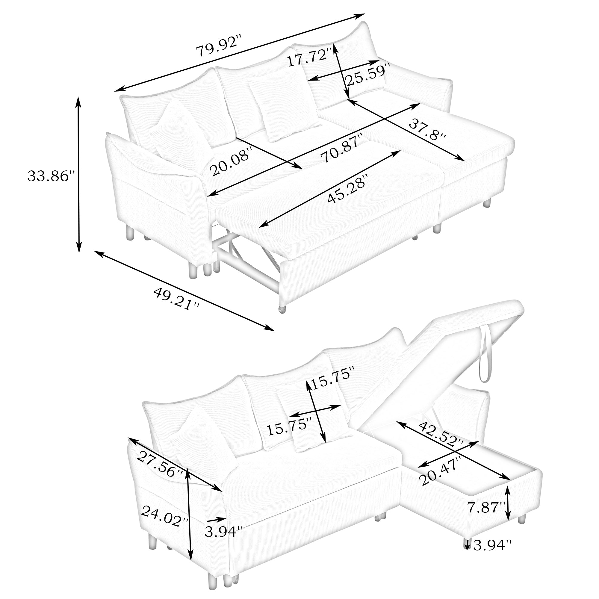 80" Yellow Corduroy L-Shaped Sofa Bed With Two Small Pillows - 3-Seater Sleeper Sofa With Storage For Living Room