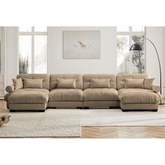 U-Shaped Velvet Sectional Cloud Couch with Movable Ottomans, Deep 4-Seater with Bolstered Armrests and Pillows, Camel