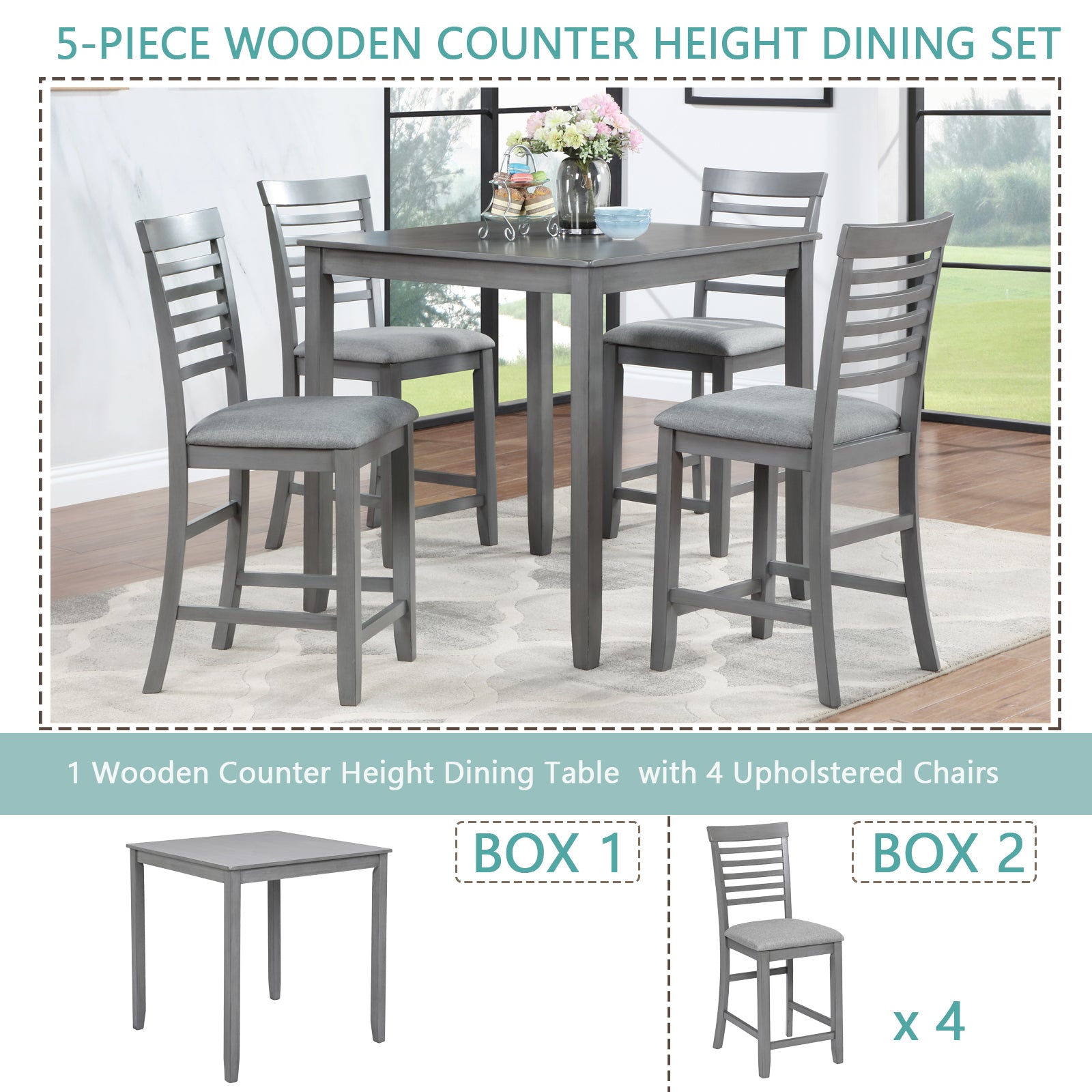 5 Piece Dining Table Set, Wooden Dining Square Table Set for 4, Counter Height Kitchen Table Set with Square Table and 4 Upholstered Chairs for Small Space, Gray