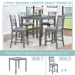 5 Piece Dining Table Set, Wooden Dining Square Table Set for 4, Counter Height Kitchen Table Set with Square Table and 4 Upholstered Chairs for Small Space, Gray