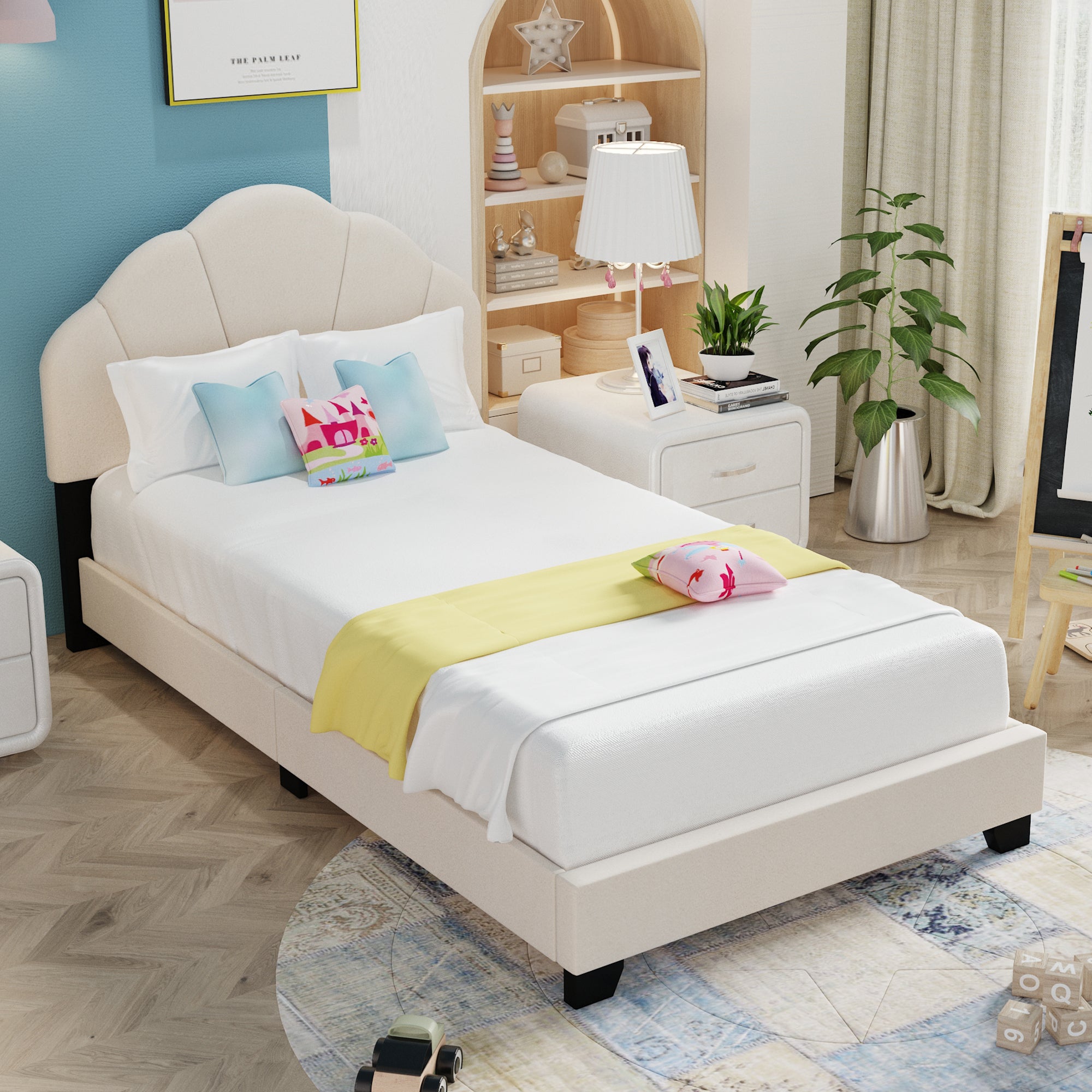 Upholstered Twin Size Platform Bed for Kids, Wooden Bed Frame with Slatted Bed Base, No Box Spring Needed, Cute Bed Frame with Shell Design Headboard for Girls Boys Teens, Beige