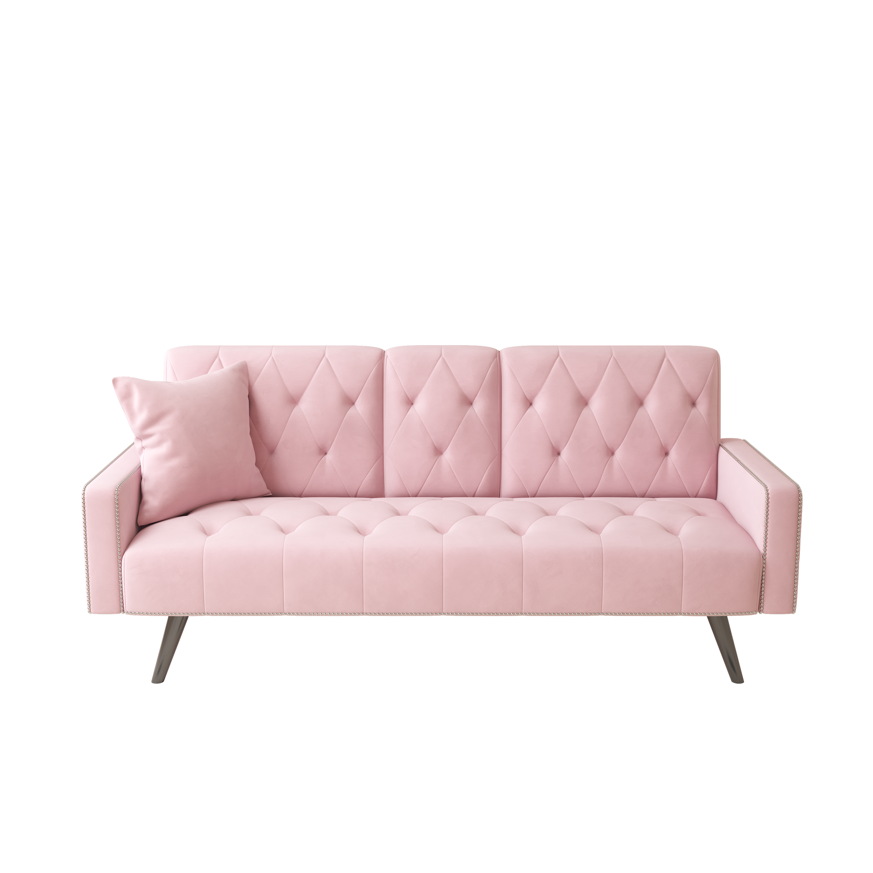 72" Pink Velvet Sofa Bed with Nail Head Trim & Two Cup Holders Sleeper Sofa for Small Living Room