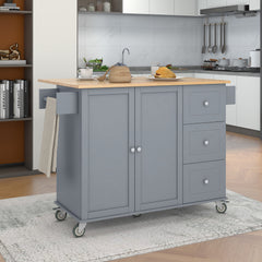 52.7" Rolling Mobile Kitchen Island with Solid Wood Top and Locking Wheels, Grey Blue