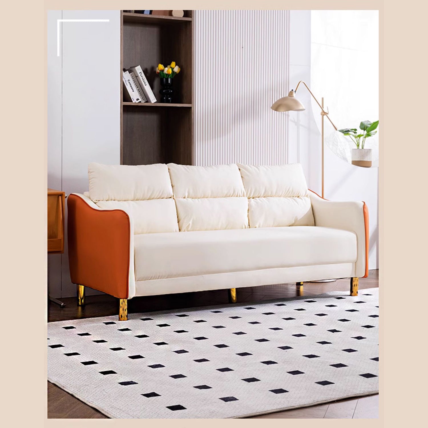 Stylish Techno Fabric Sofa - Available in Orange, Off White, Khaki, Black, Light Gray, and Dark Blue with Wood Accents qm-16