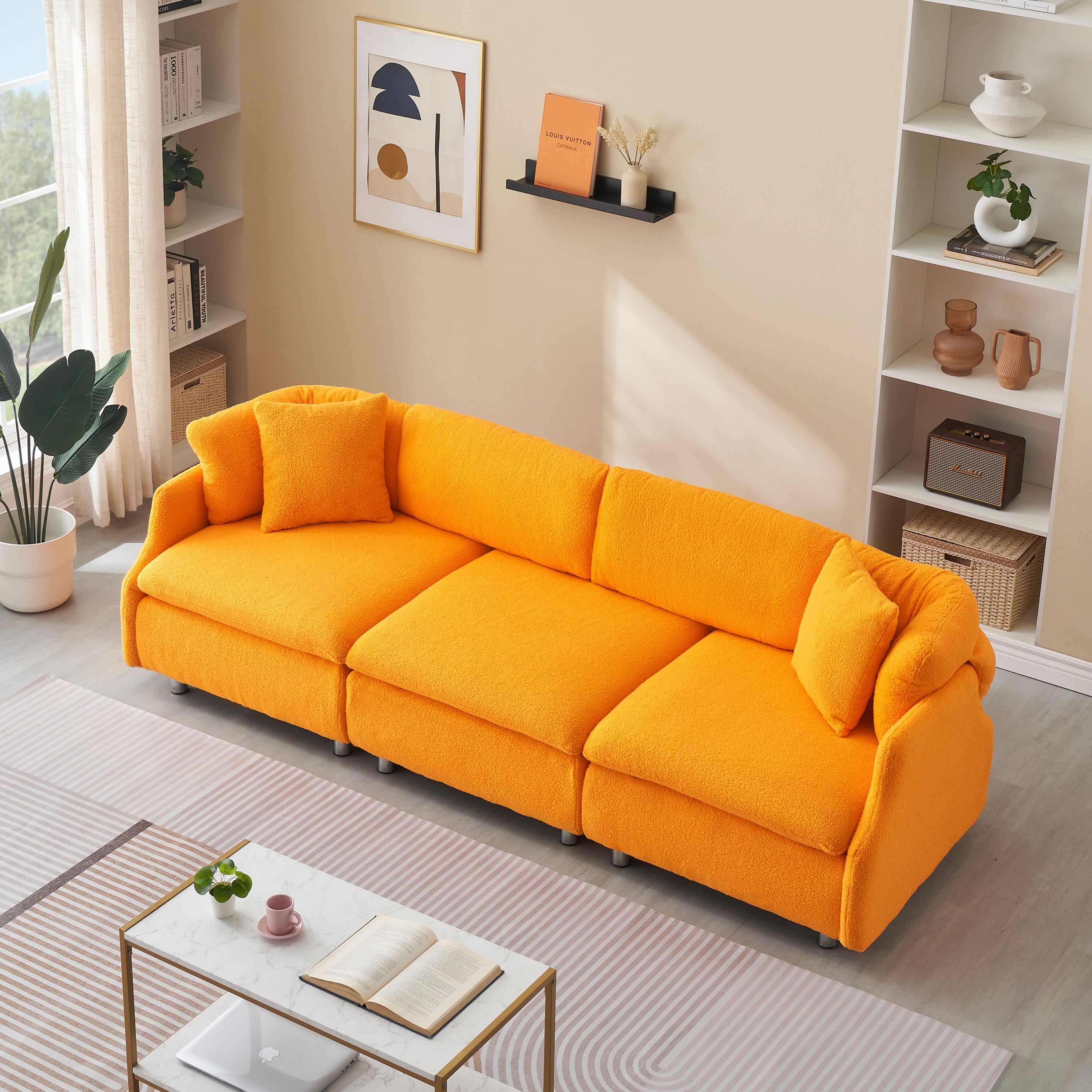 95.3" Orange Teddy Fleece Sofa With Two Throw Pillows - Spacious 3 Seat Sofa for Living Room