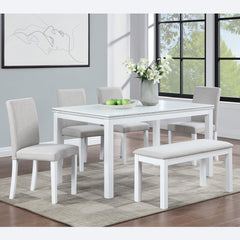 Wooden Dining Rectangular Table with Bench, Kitchen Table with Bench for Small Space, 6 Person Dining Table, White