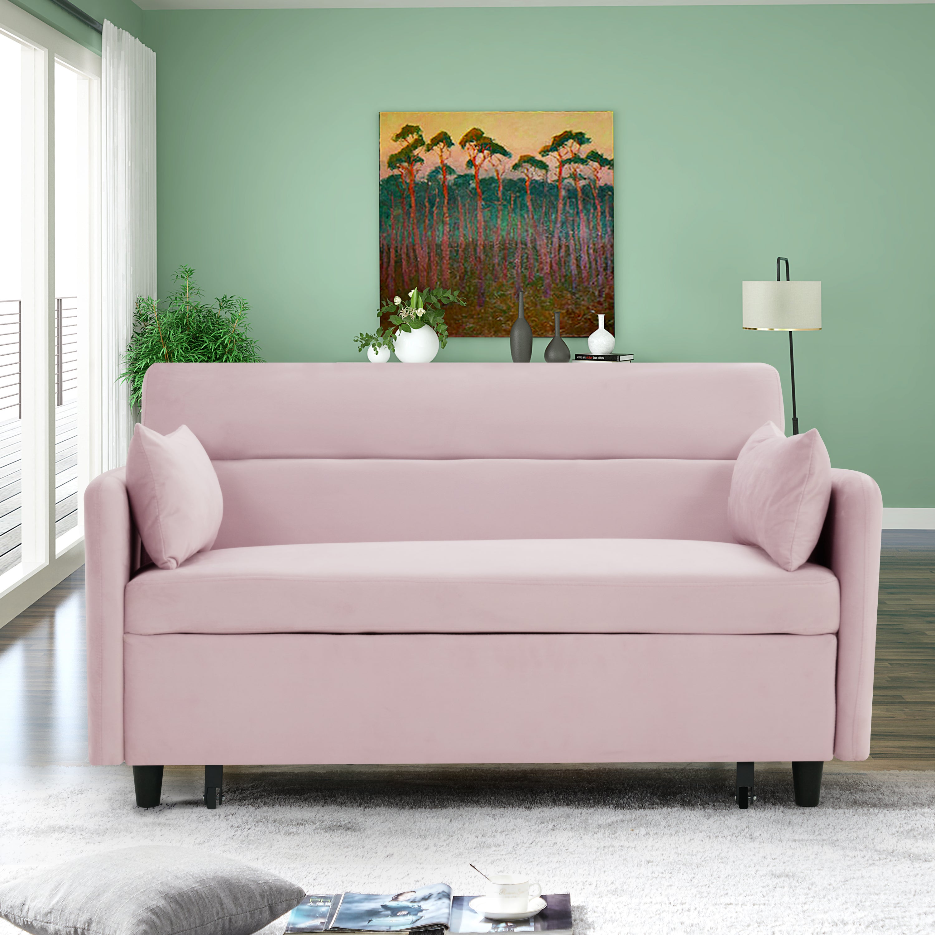 54" Pull-Out Sofa With Two Pillows Pink Velvet Loveseat For Small Living Room