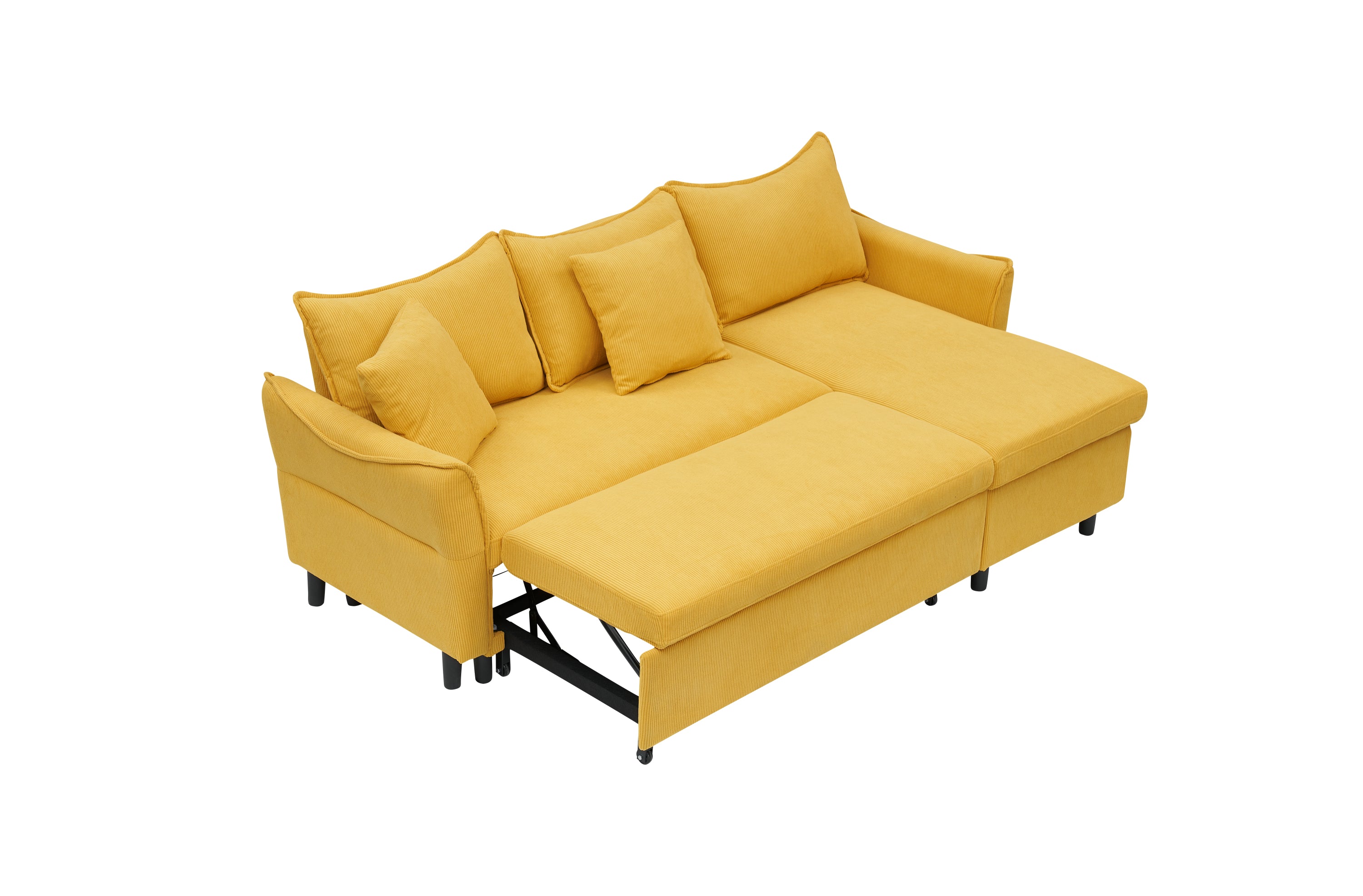 80" Yellow Corduroy L-Shaped Sofa Bed With Two Small Pillows - 3-Seater Sleeper Sofa With Storage For Living Room