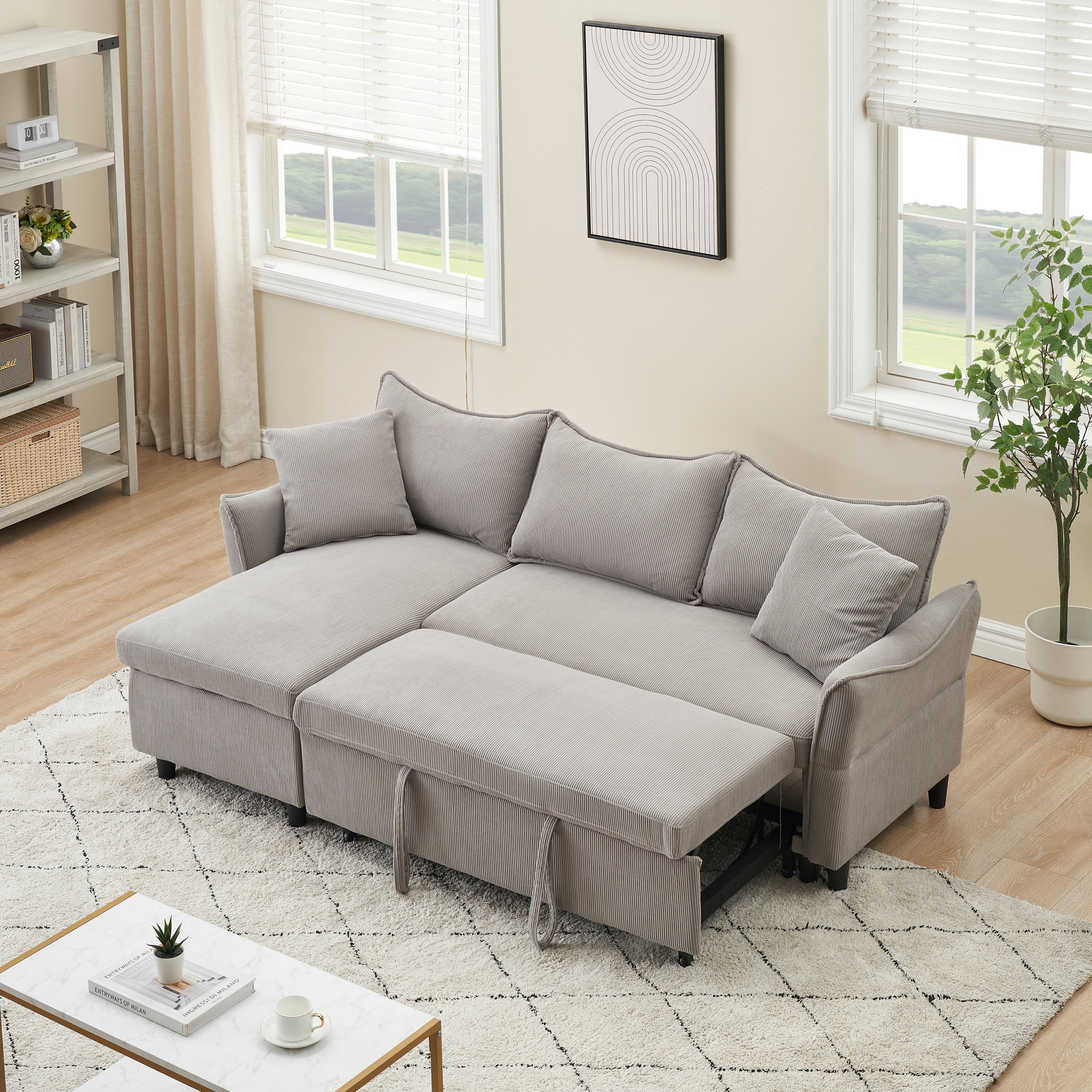 Modern 80" Gray Corduroy Sofa Bed With Two Small Pillows - 3-Seater Pull-Out Sofa With Storage