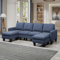 U-Shaped Sofa Coch 4-Seat Sofa with Chaise Polyester Fabric for Living Room Apartment Office (Blue)