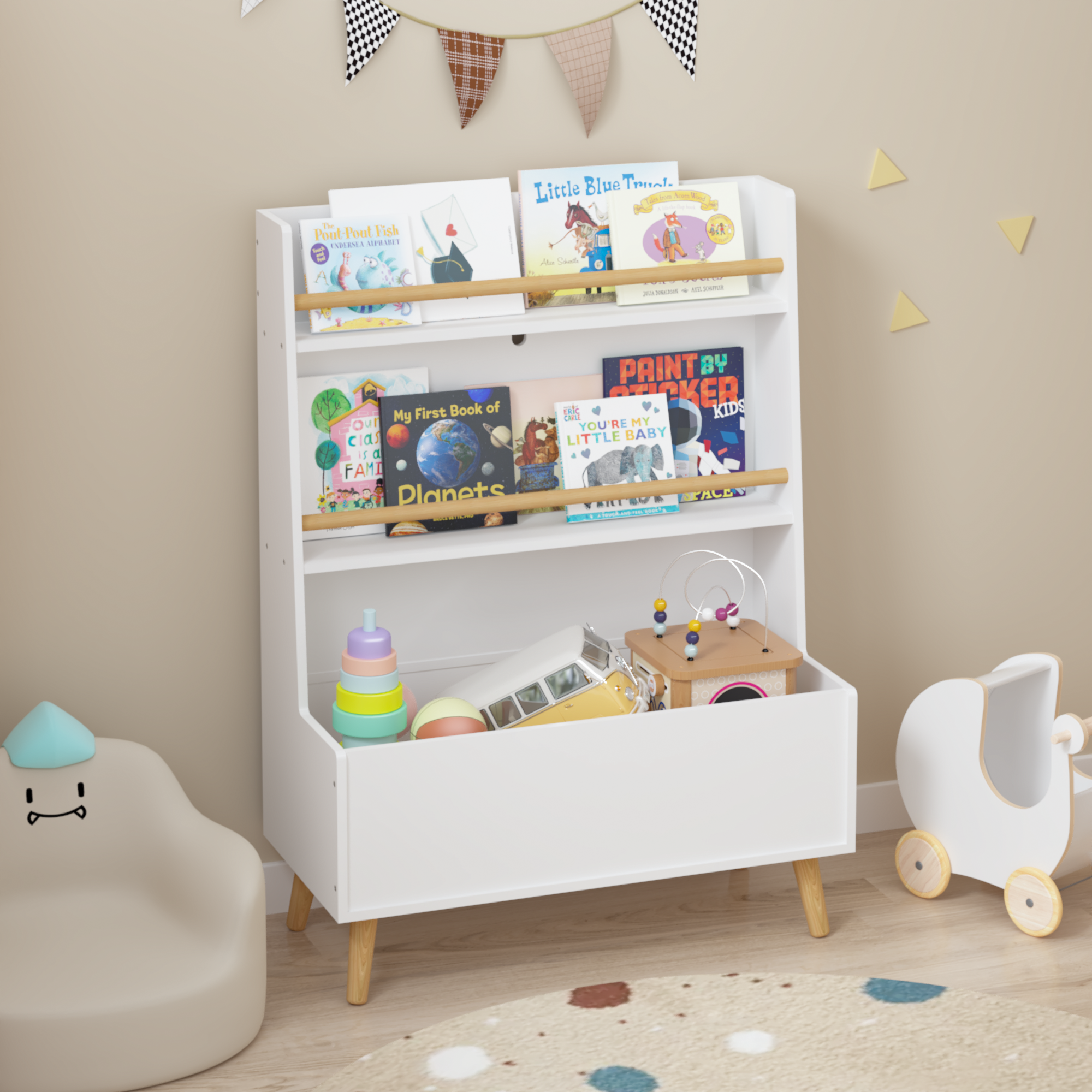 Kids Bookshelf, Book and Magazine  Rack, Book Organizer, toy Storage Cabinet Organizer, White