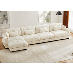 L-Shaped Convertible 4-Seater Cloud Sofa, Modern Velvet with Pillows and Bolstered Armrests,Cream