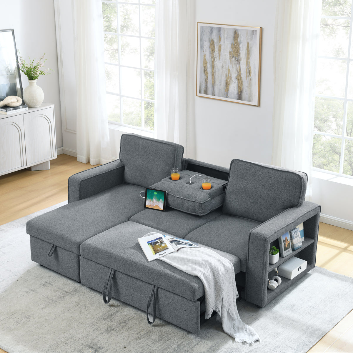 Linen Upholstered Sleeper Sectional Sofa, Shaped Modular Convertible Sofa with Storage Chaise,There are two cup holders in the middle and USB multi-interface function,Pull Out Sleep Couch Bed ,Grey