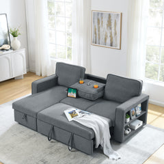 Linen Upholstered Sleeper Sectional Sofa, Shaped Modular Convertible Sofa with Storage Chaise,There are two cup holders in the middle and USB multi-interface function,Pull Out Sleep Couch Bed ,Grey