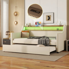 Twin Size Daybed with Trundle, Upholstered Sofa Bed with Charging Station and LED Lights, Beige