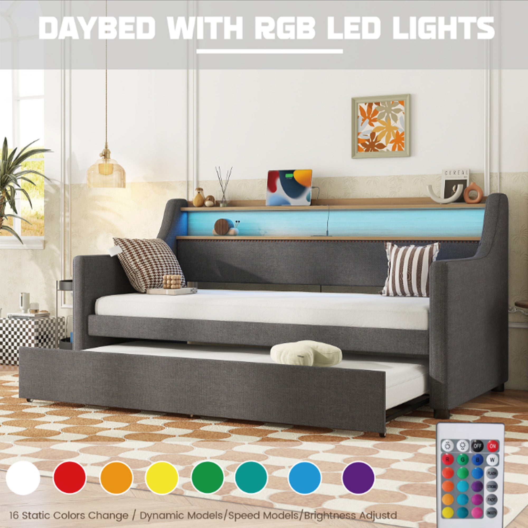 Twin Size Daybed with Trundle Bed, Upholstered Sofa Bed with Charging Station and LED Lights, Gray