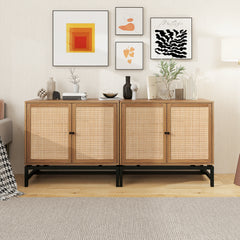 Set of 2, Natural rattan, 2 door cabinet, with 1 Adjustable Inner Shelves, rattan, Accent Storage Cabinet