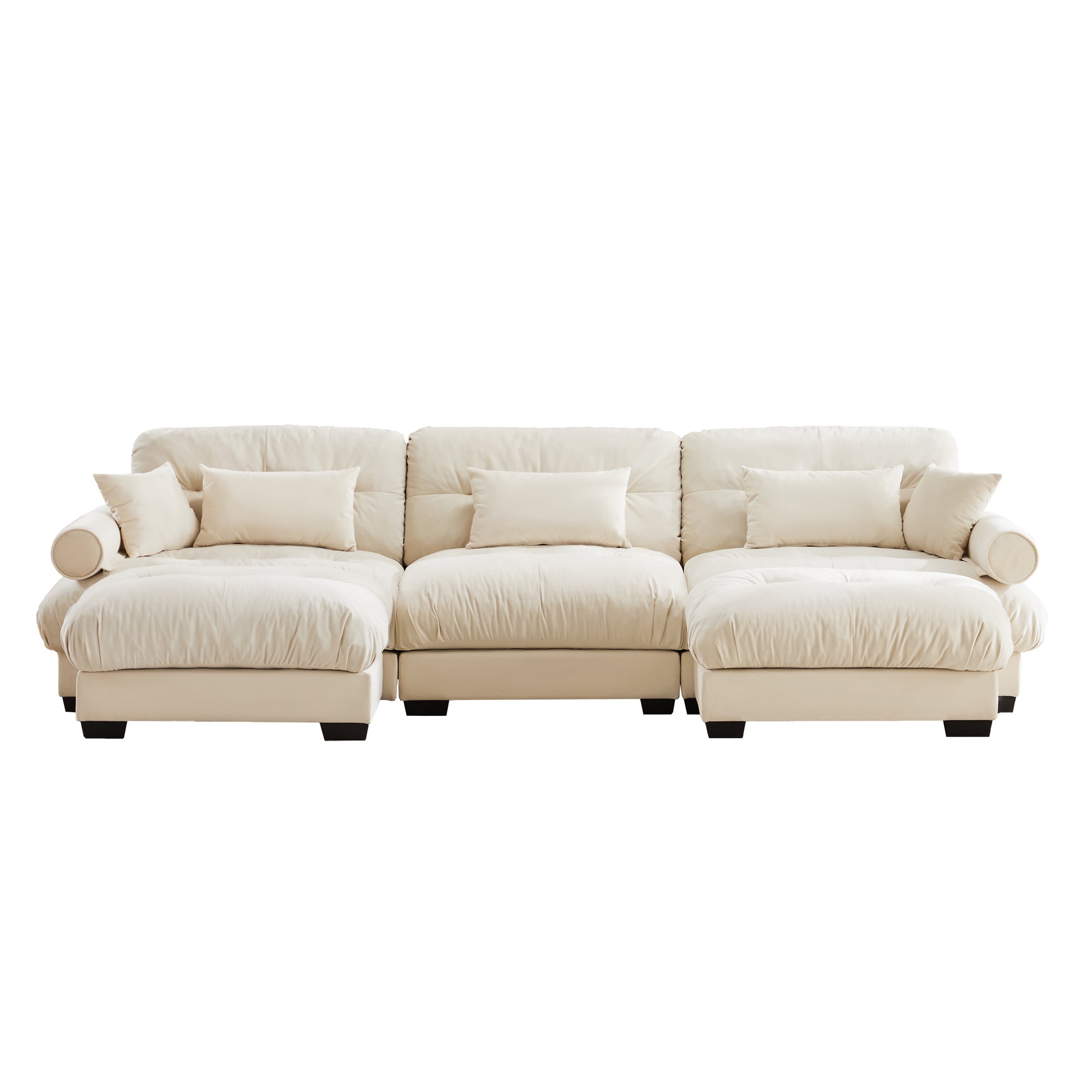 U-Shaped Modular Sectional Sofa with Movable Ottomans, Modern 3-Seater Corner Couch with Pillows and Bolstered Armrests, Cream