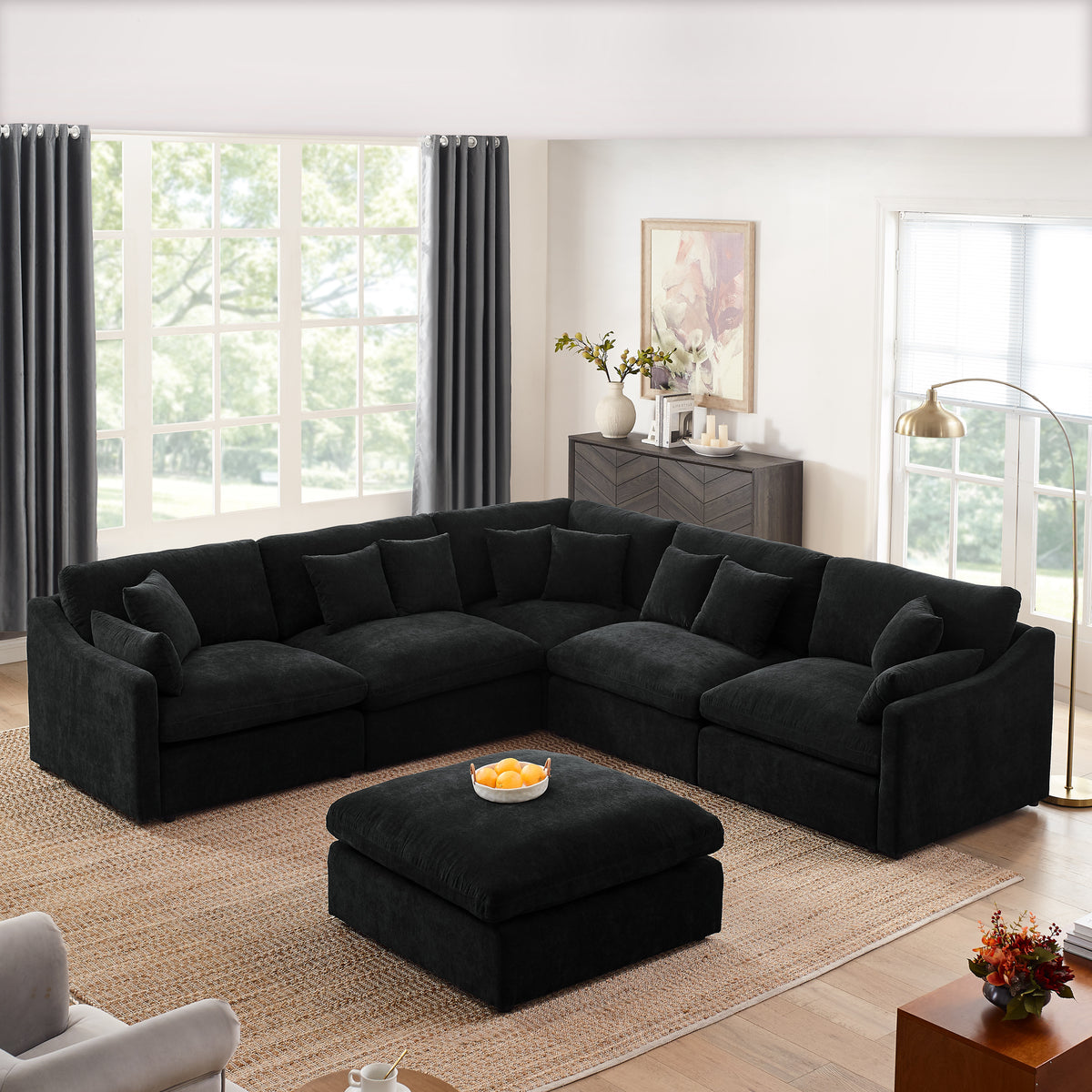 6-Seats Modular L-Shaped Sectional Sofa with Ottoman,10 Pillows, Oversized Upholstered Couch w/Removabled Down-Filled Seat Cushion  for Living Room, Chenille Black