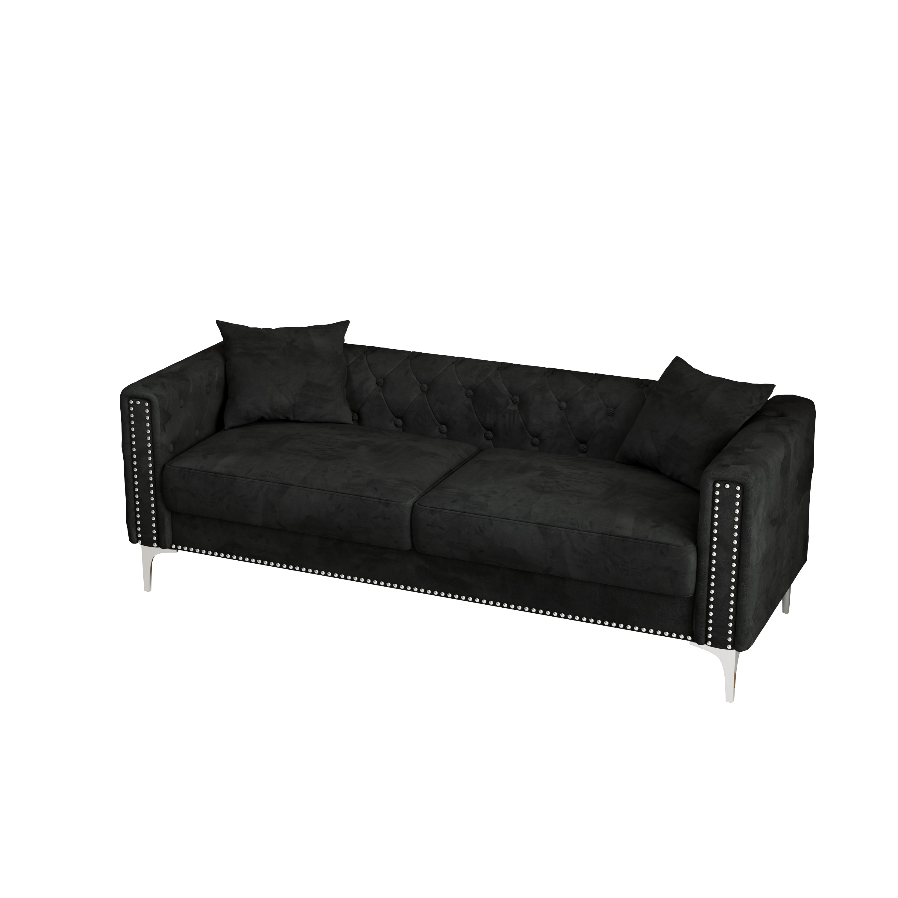 Luxurious 83" Black Velvet 3-Seater Sofa with 2 Pillows - Perfect Design for Living Room