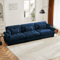 Extra-Large 3-Seater Modern Velvet Sofa, Oversized Cloud-Like Comfort with Waist and Throw Pillows, Blue