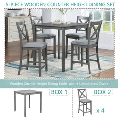 5 Piece Dining Table Set, Wooden Dining Square Table Set for 4, Counter Height Kitchen Table Set with Square Table and 4 Upholstered Chairs for Small Space, Gray