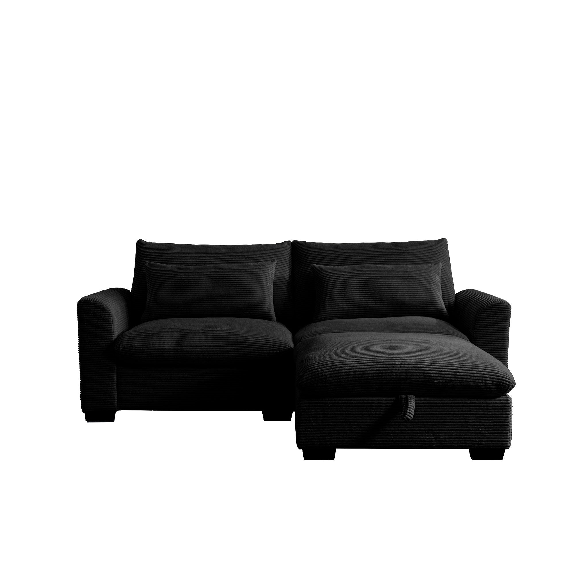 Sectional Sofa Comfy Corduroy Couch for Living Room with Pillows and Round Armrests, Modern Corduroy Sofa Sleeper Deep Couches with Storage Ottoman (Black, 2-Seat)