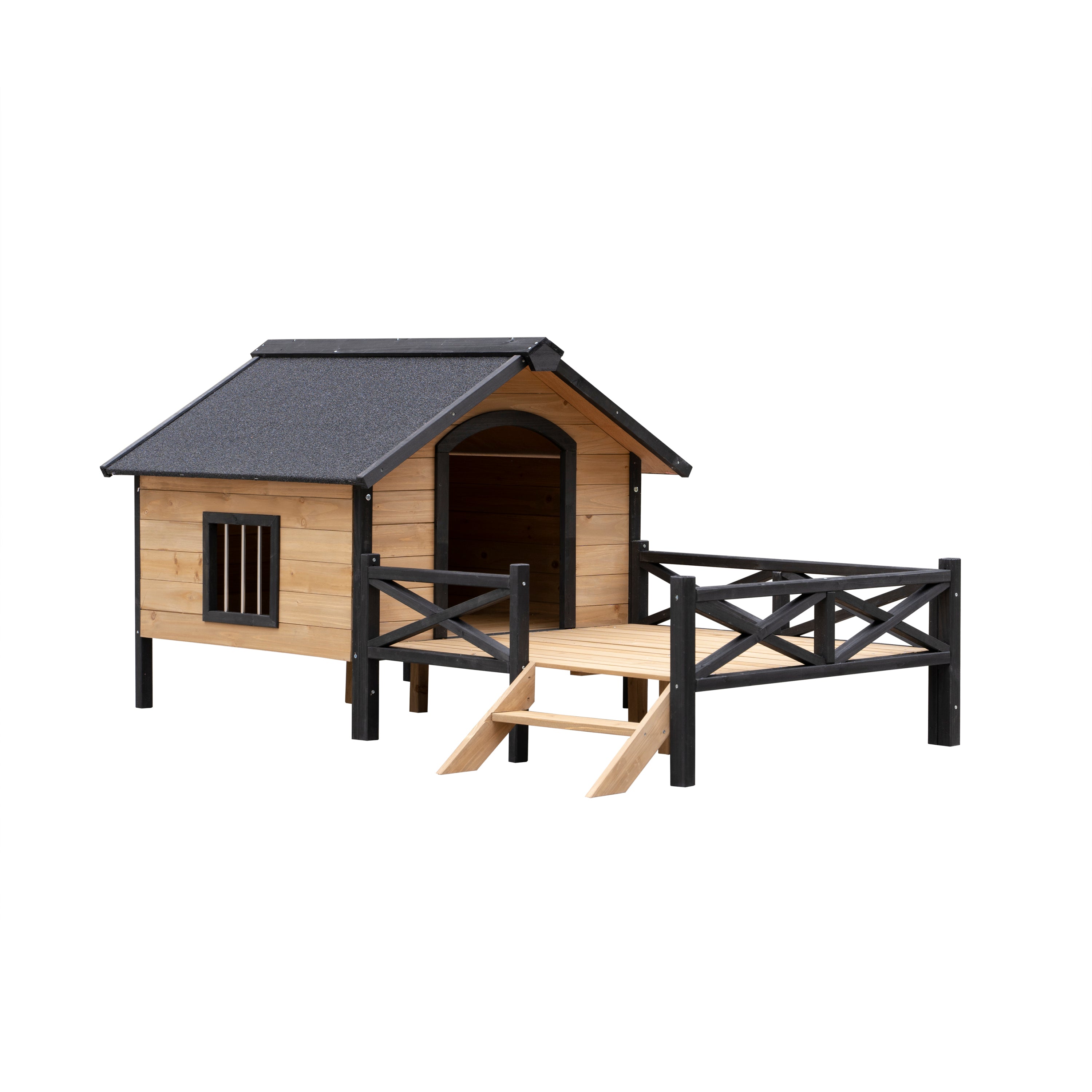 Large Wooden Dog Kennel with Porch, Outdoor Cabin House for Medium & Large Dogs