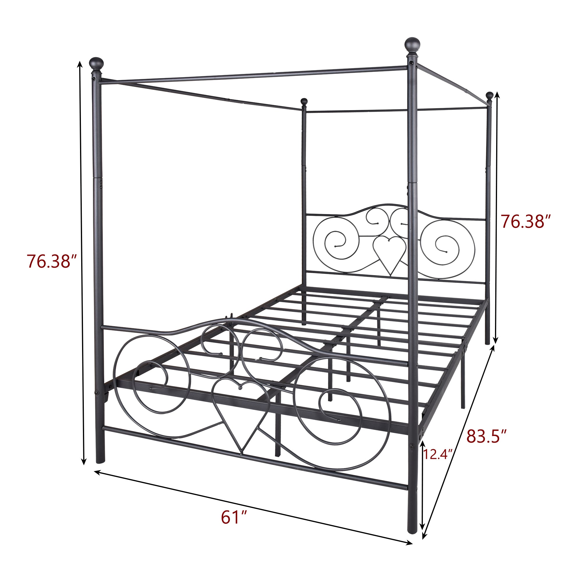 Metal Canopy Bed Frame with Vintage Headboard & Footboard - Queen, Black