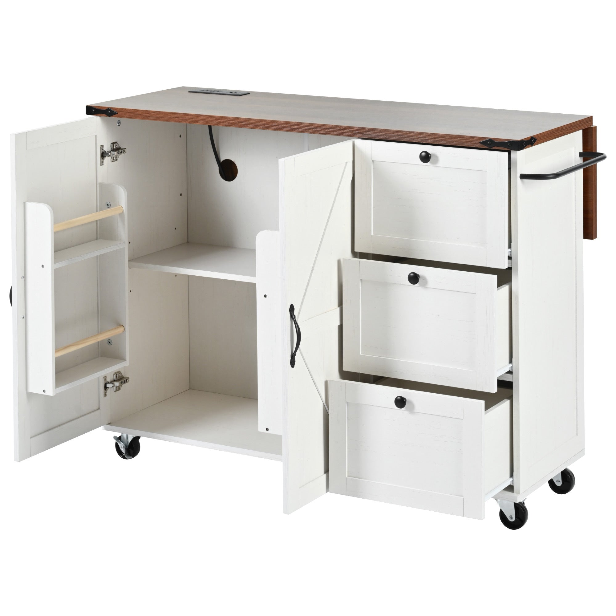 K&K 54.5" Farmhouse Kitchen Island with Internal Storage Rack, Drop Leaf, Spice Rack for Home, Kitchen and Dining Room,White