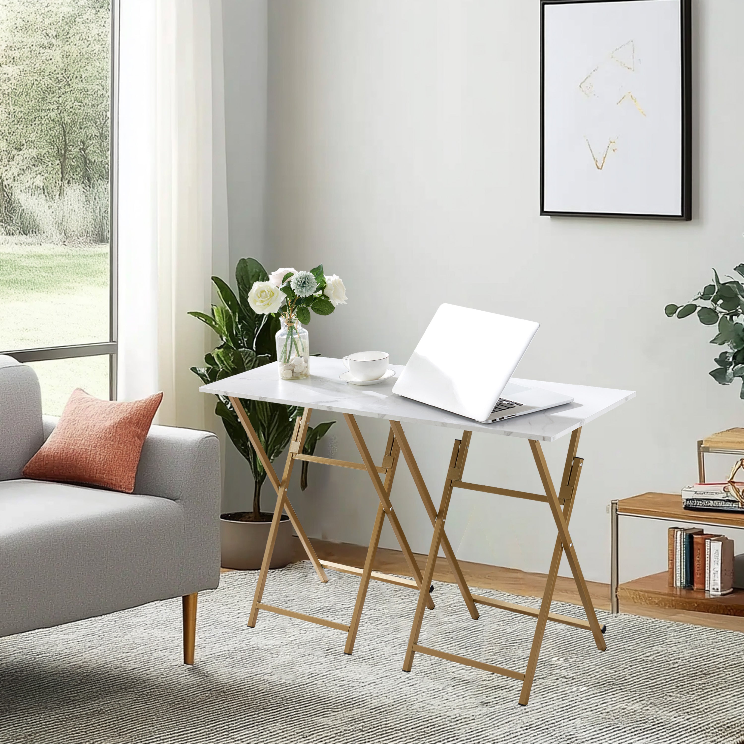 Gold & White Folding TV Tray Table, No Assembly Required