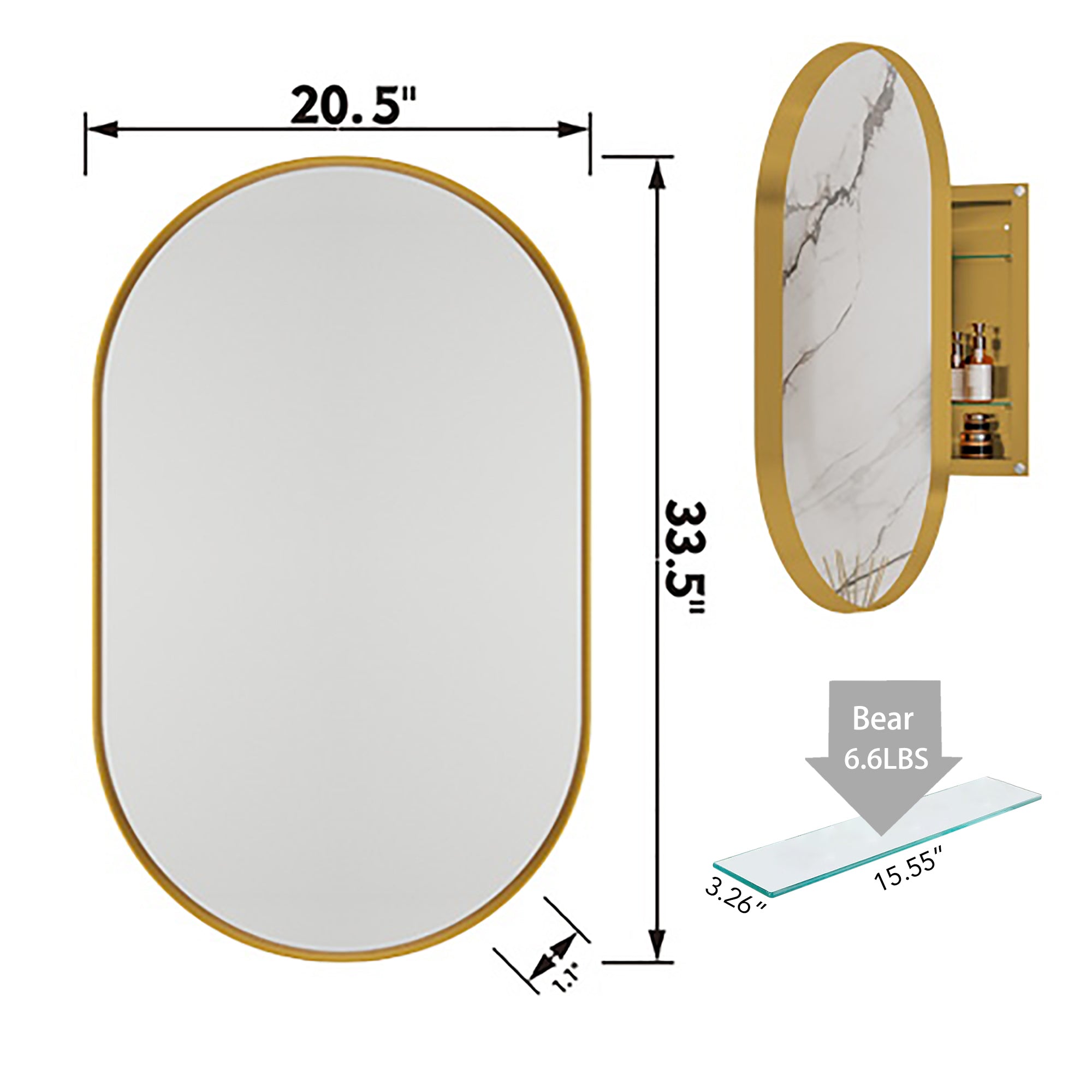 20x34 Inch Oval Recessed Medicine Cabinet, Metal Framed Bathroom Wall Cabinet with Mirror and Adjustable Shelves, Wall Mirror with Storage for Bathroom, Matte Gold