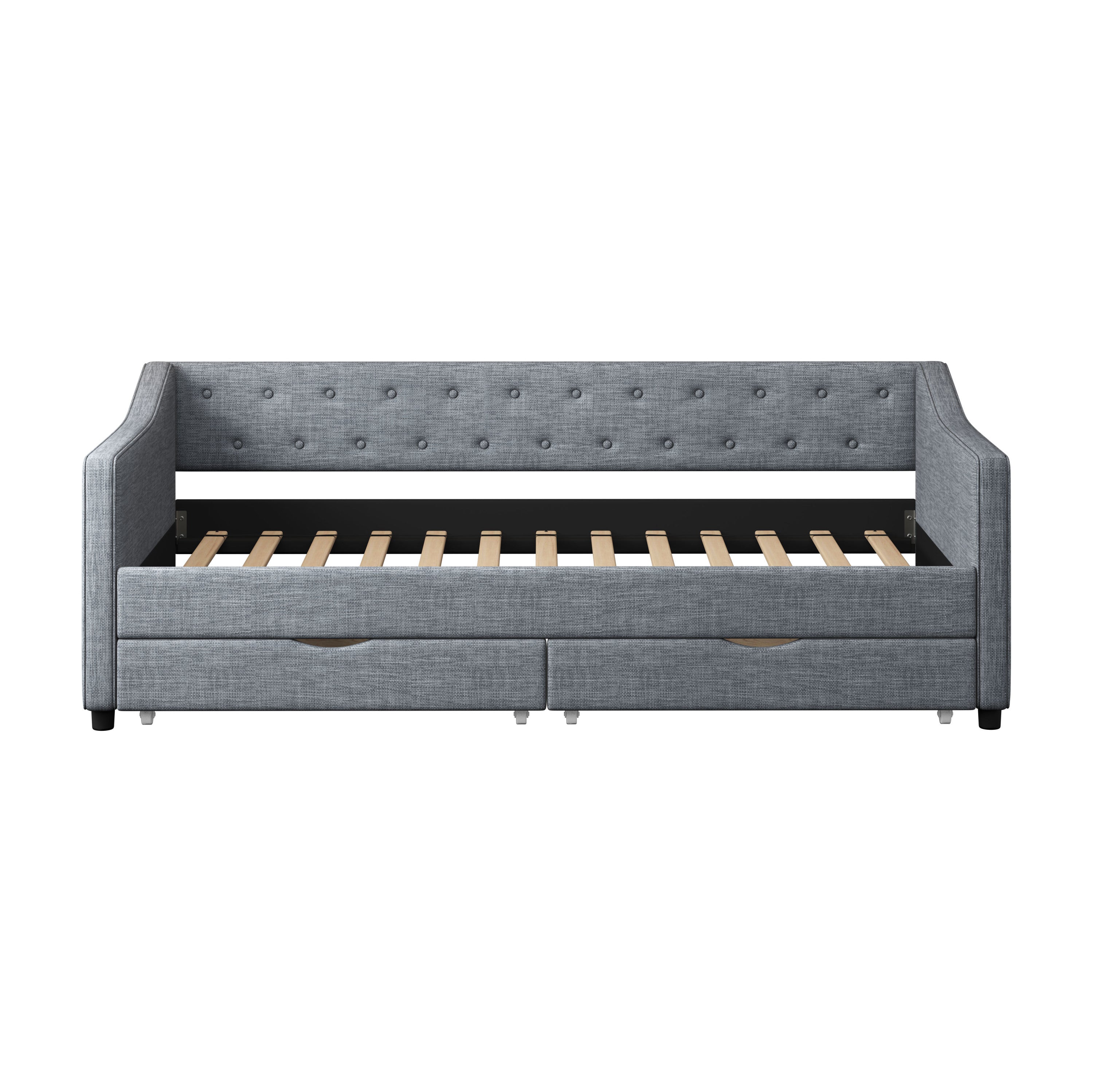 Twin Size Daybed with Drawers Upholstered Tufted Sofa Bed, with Button on Back and Piping on Waved Shape Arms-Light Grey