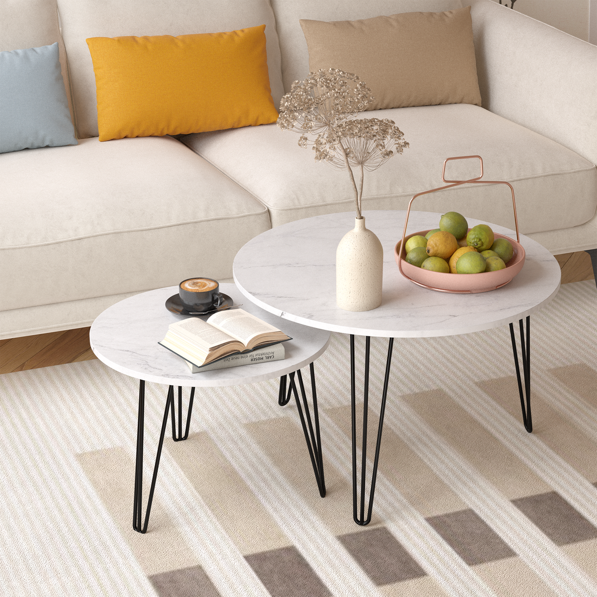 27.56'' Round Nesting Coffee Table Set of 2,  Circular Nesting End Table Set, Round Marble Tabletop, and Sturdy Metal Base for Living Room, bedroom, White