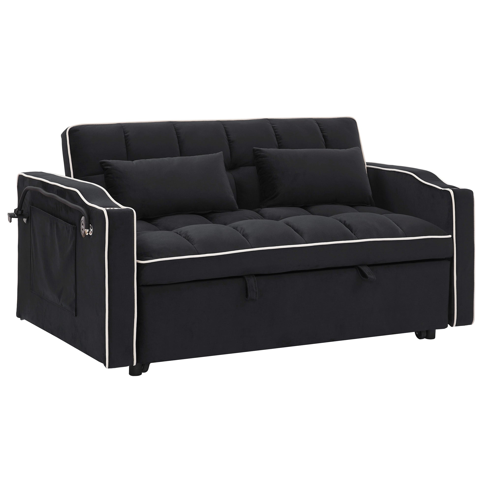 55.51" Foldable Velvet Sofa Bed with Adjustable Back, Pull-Out Design with USB Port, Ashtray, and Swivel Phone Stand, Black